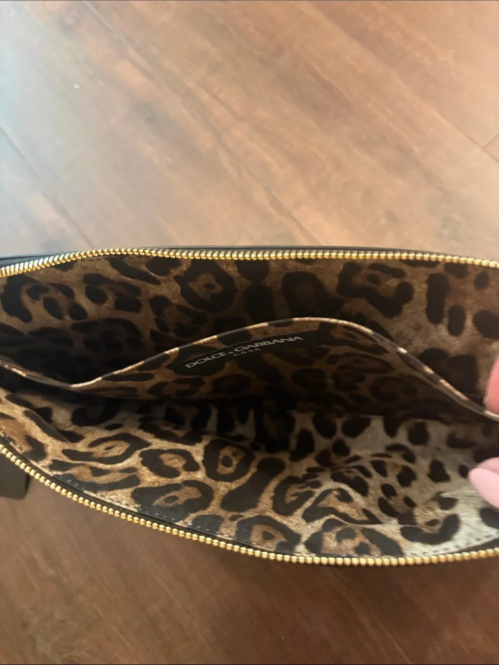 Dolce & Gabbana Leopard Print Satin Clutch in Brown and Black with Gold Hardware